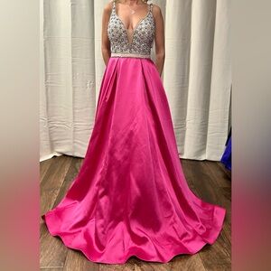 Terani Couture Pink and Silver Embellished Pleated Prom Gown